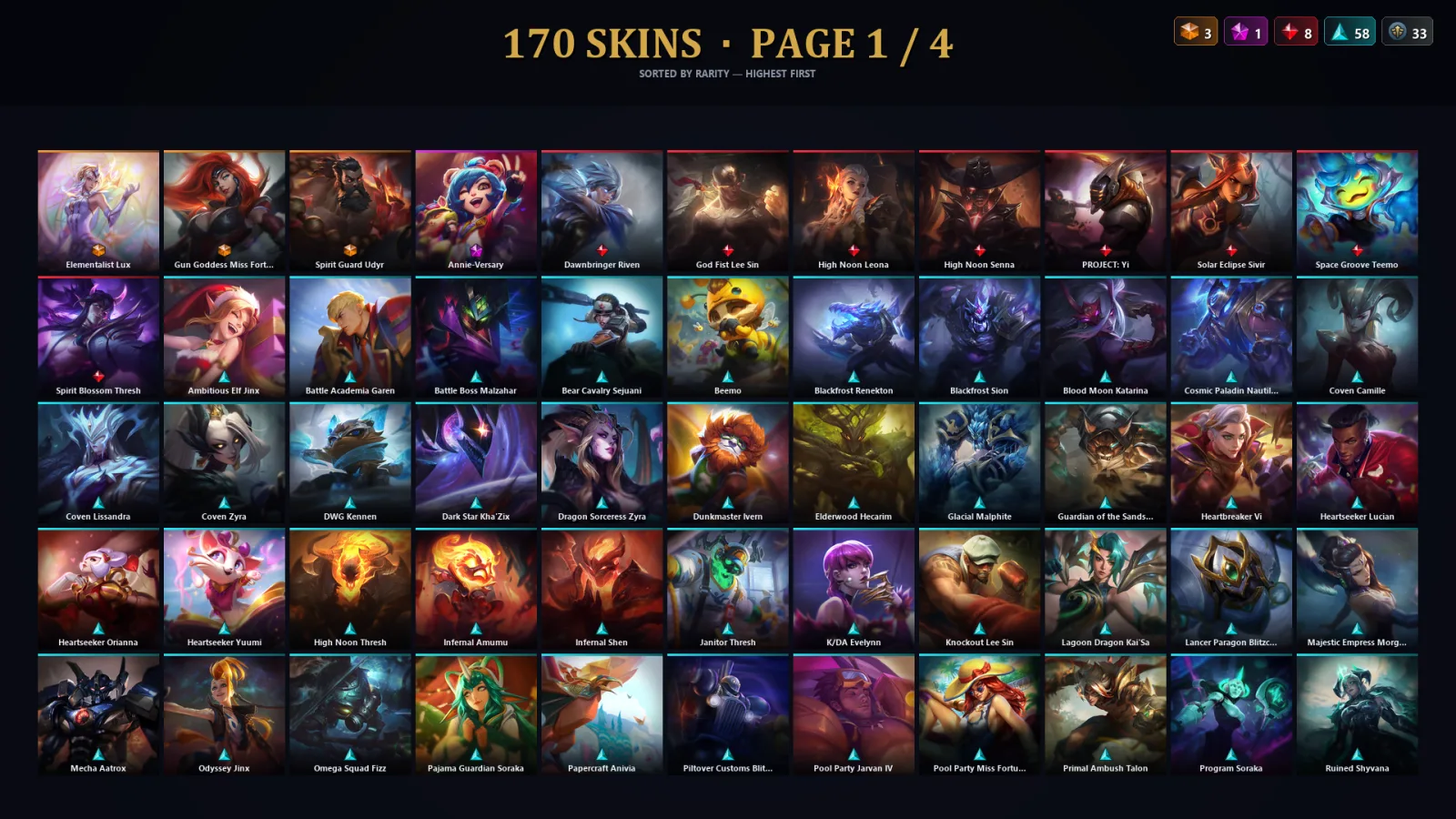 [LoL] | TR | Level 454 | Emerald III | 173 Champions | 138 Skins | 42,138 BE
