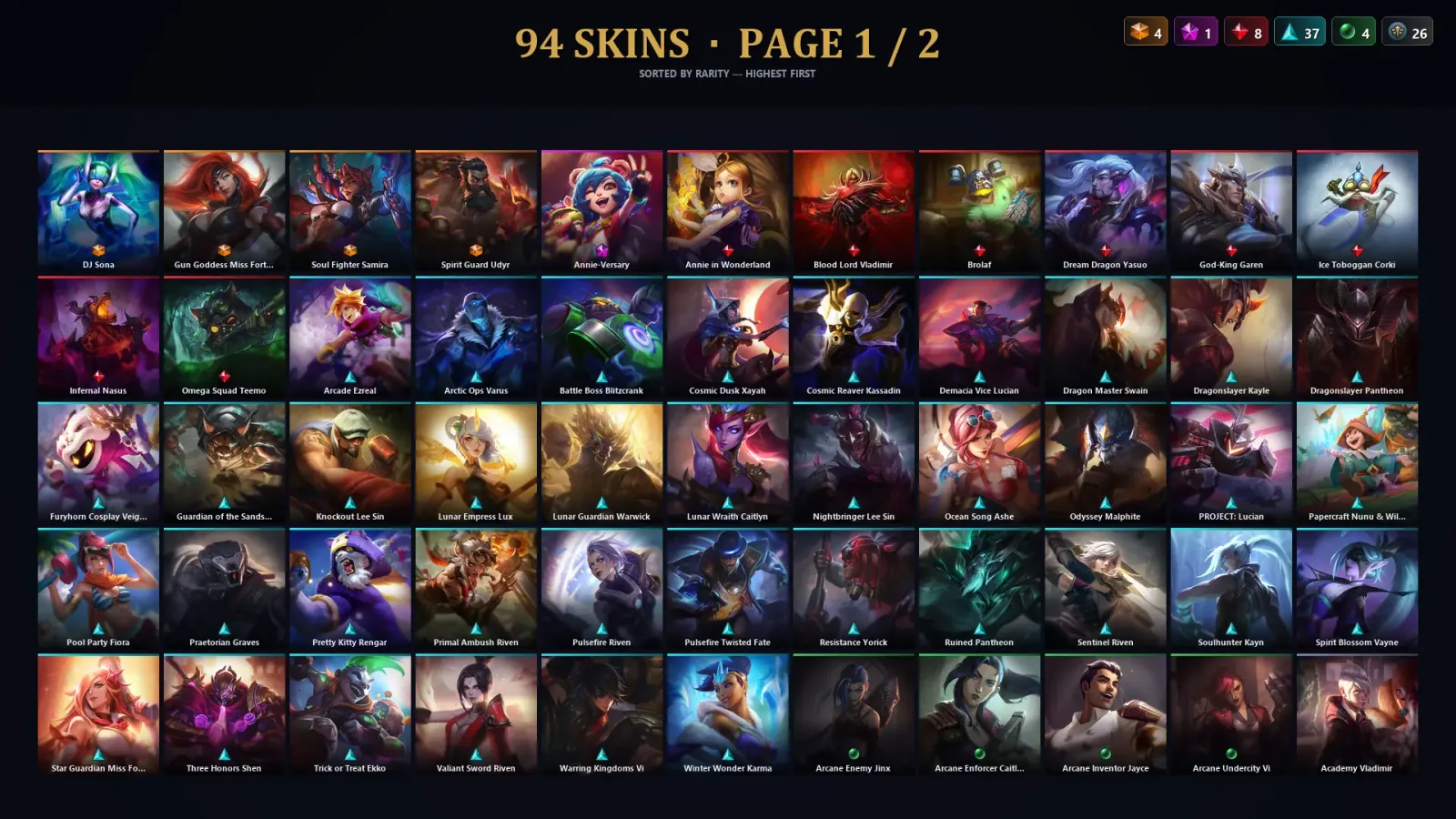 [LoL] | TR | Level 291 | 172 Champions | 94 Skins | 27,487 BE — LoL account
