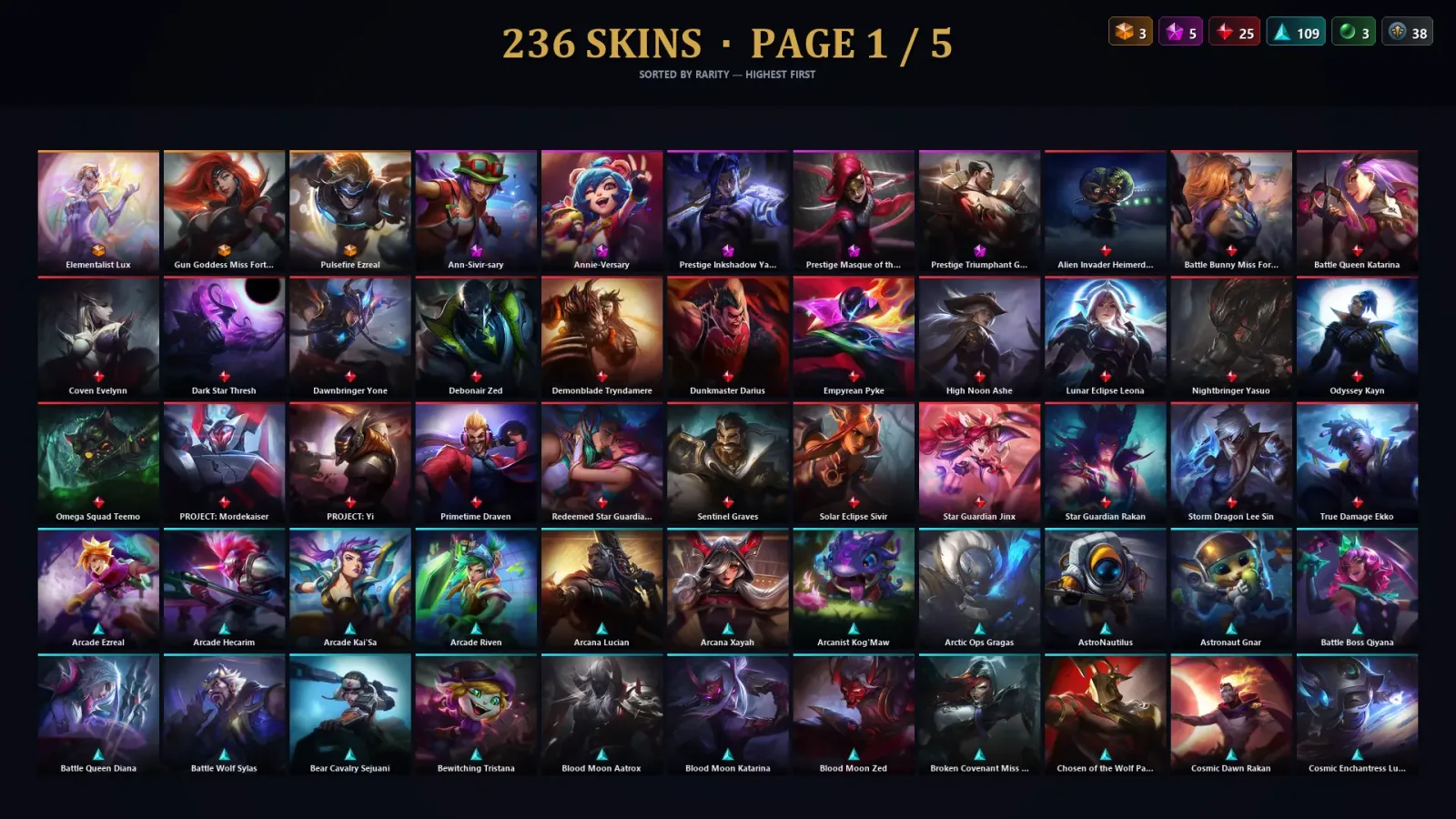[LoL] | TR | Level 500 | 172 Champions | 236 Skins