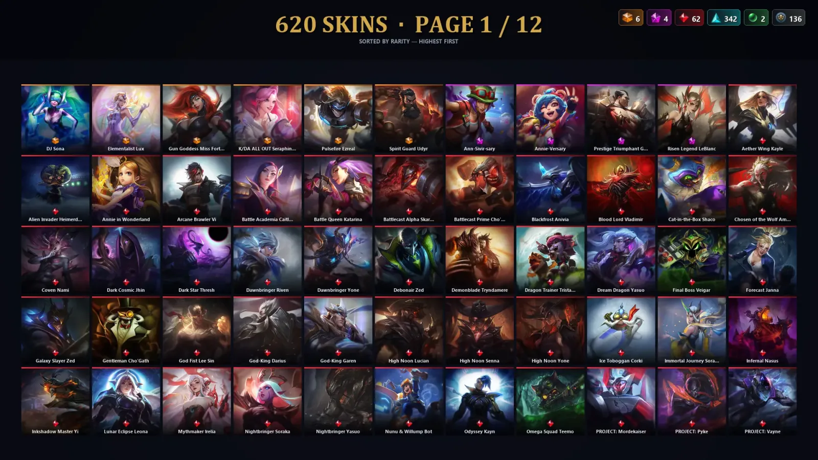 [LoL] | EUW | Level 500 | 172 Champions | 620 Skins | 59,414 BE — LoL account