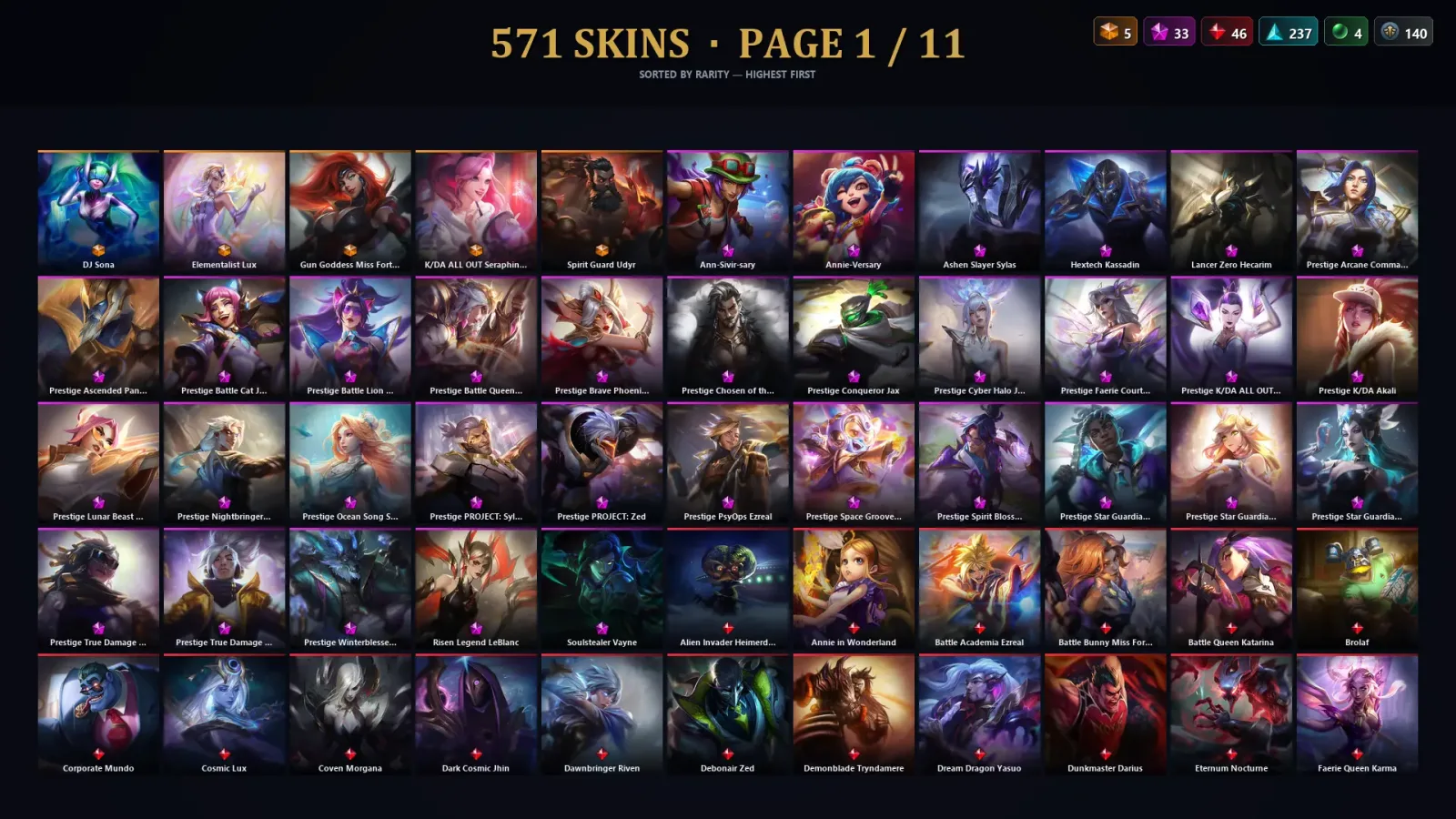 [LoL] | EUW | Level 500 | 169 Champions | 571 Skins | 163,965 BE — LoL account