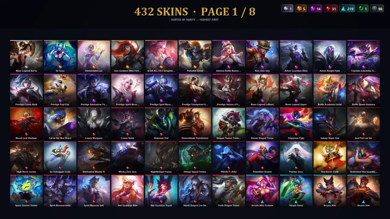 [LoL] | EUW | Level 500 | 172 Champions | 432 Skins | 12,376 BE — LoL account