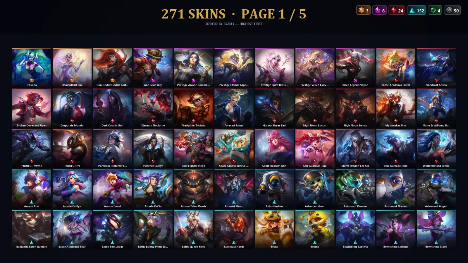 [LoL] | NA | Level 500 | 173 Champions | 271 Skins | 96,227 BE