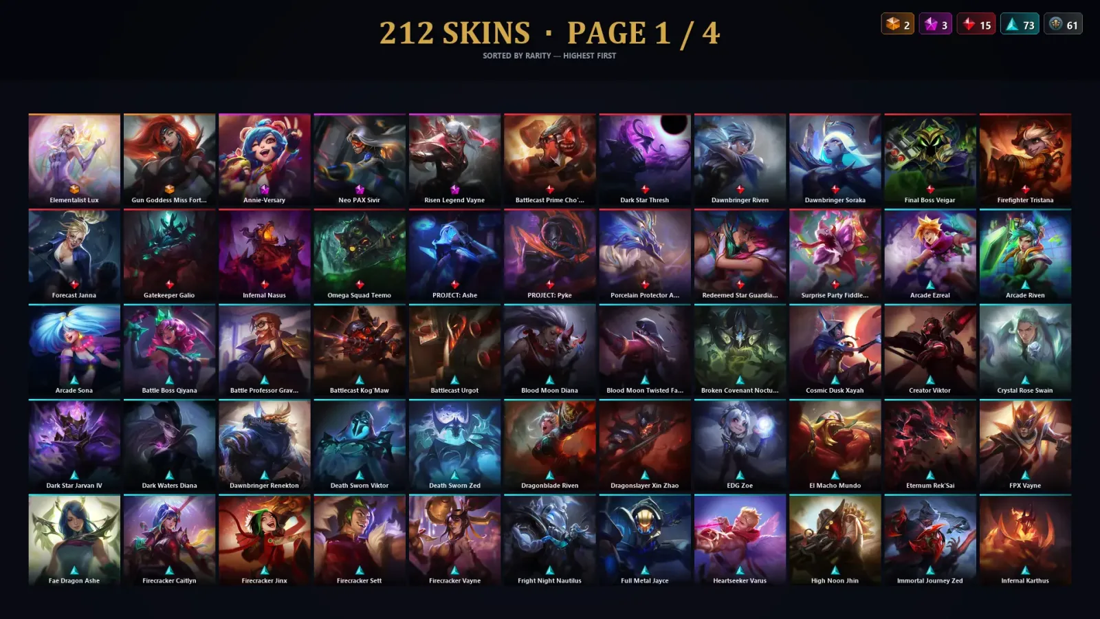 [LoL] | NA | Level 500 | 173 Champions | 212 Skins | 24,963 BE