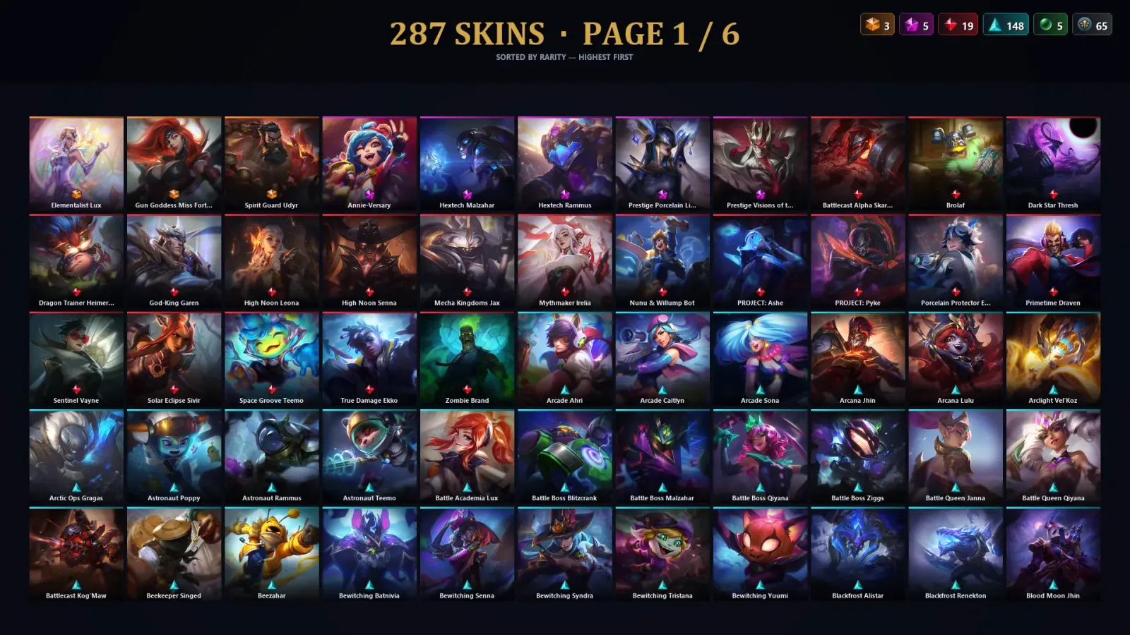 [LoL] | NA | Level 500 | 171 Champions | 287 Skins | 135,115 BE
