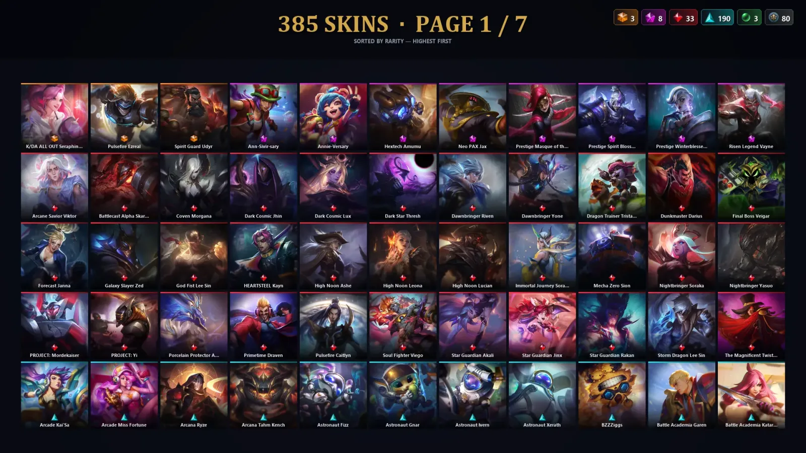 [LoL] | NA | Level 500 | 172 Champions | 385 Skins | 19,164 BE — LoL account