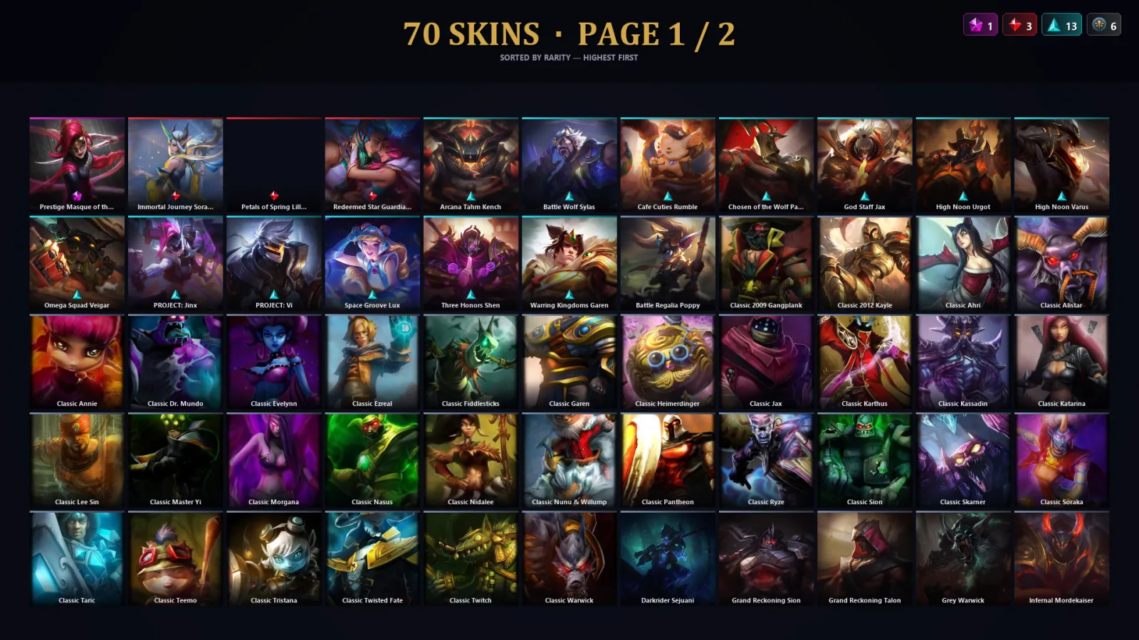 [LoL] | TR | Level 70 | Emerald II | 134 Champions | 70 Skins | 13,491 BE