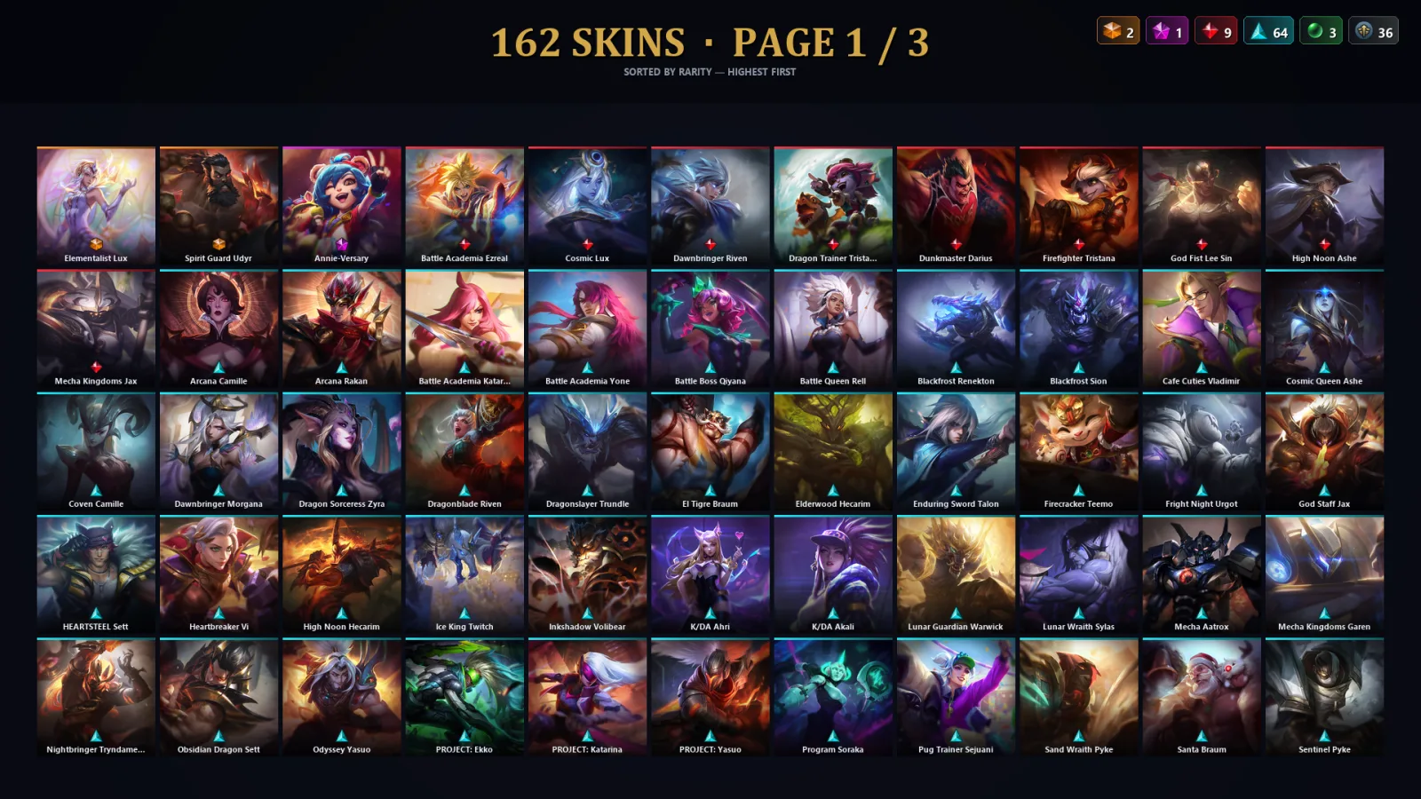 [LoL] | TR | Level 287 | Gold III | 156 Champions | 162 Skins | 36,746 BE — Gold League of Legends