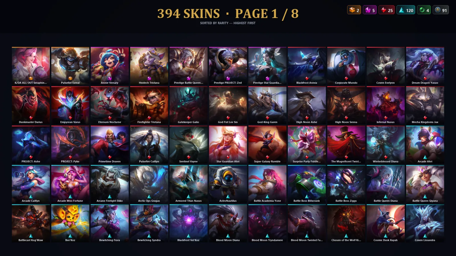 [LoL] | TR | Level 500 | Diamond IV | 173 Champions | 394 Skins | 129,097 BE