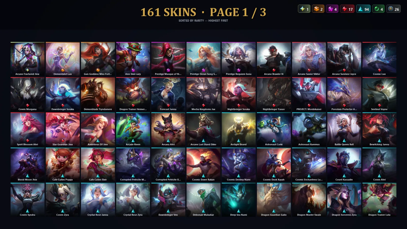 [LoL] | TR | Level 412 | Platinum I | 173 Champions | 161 Skins | 46,472 BE