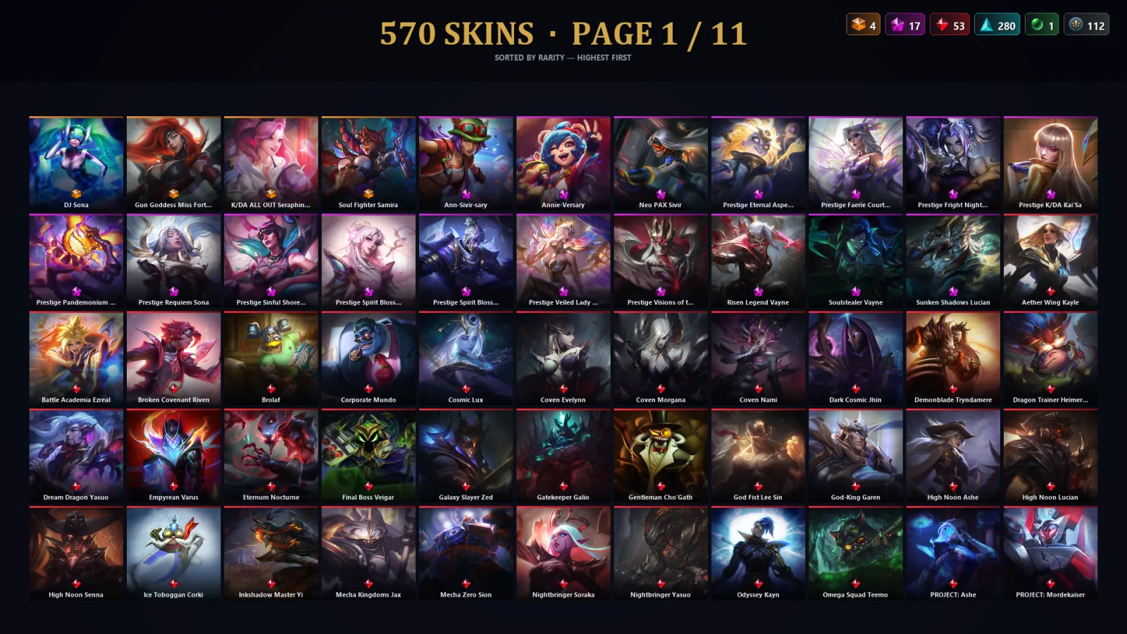 [LoL] | TR | Level 500 | Diamond II | 173 Champions | 570 Skins | 59,480 BE