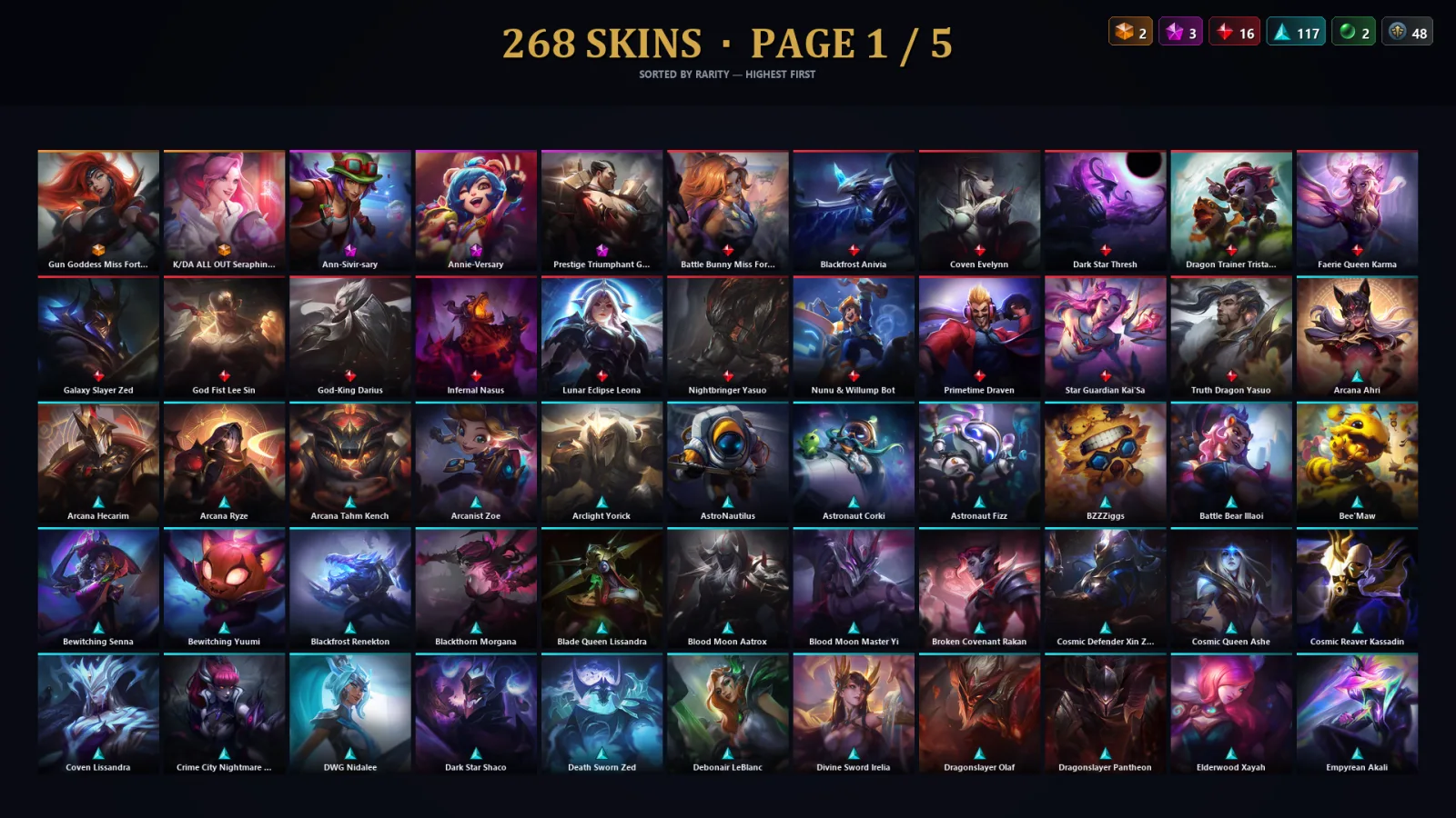 [LoL] | NA | Level 500 | 173 Champions | 268 Skins | 211,340 BE