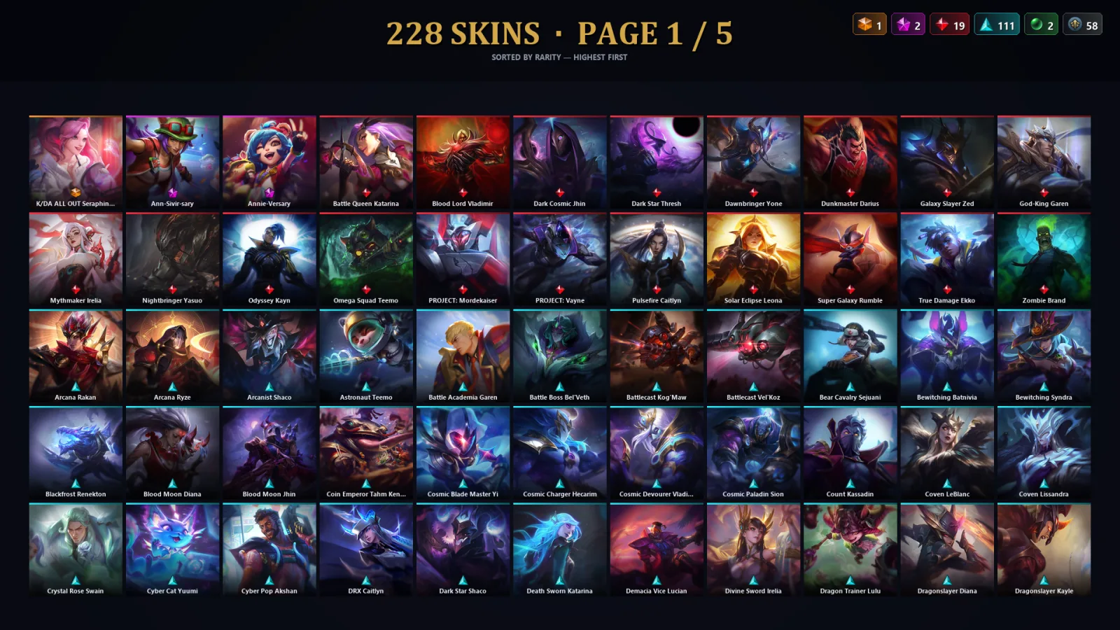 [LoL] | NA | Level 500 | 173 Champions | 228 Skins | 34,443 BE