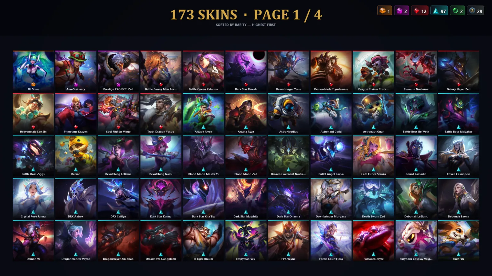 [LoL] | TR | Level 281 | Gold I | 173 Champions | 173 Skins | 121,394 BE