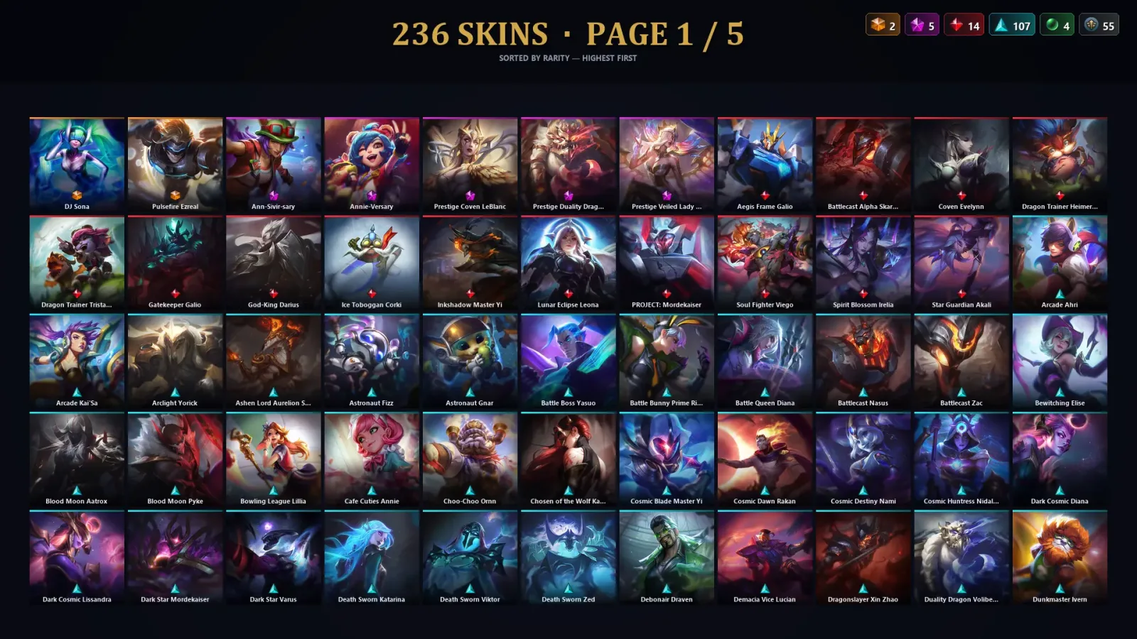 [LoL] | TR | Level 500 | Silver III | 173 Champions | 236 Skins | 57,261 BE
