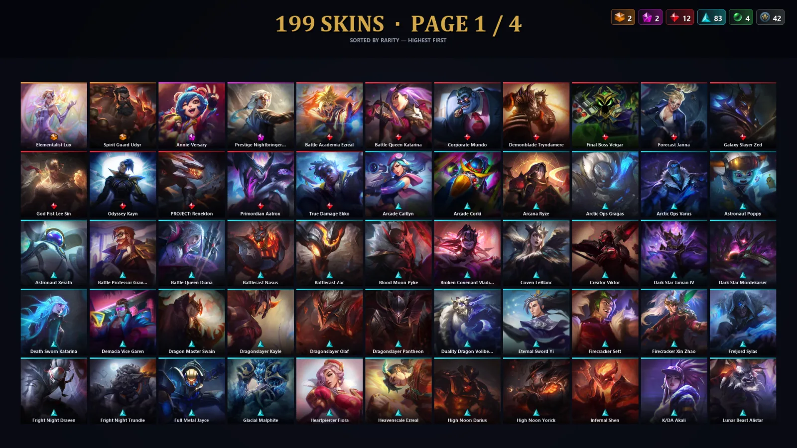 [LoL] | TR | Level 500 | Diamond IV | 173 Champions | 199 Skins | 83,855 BE