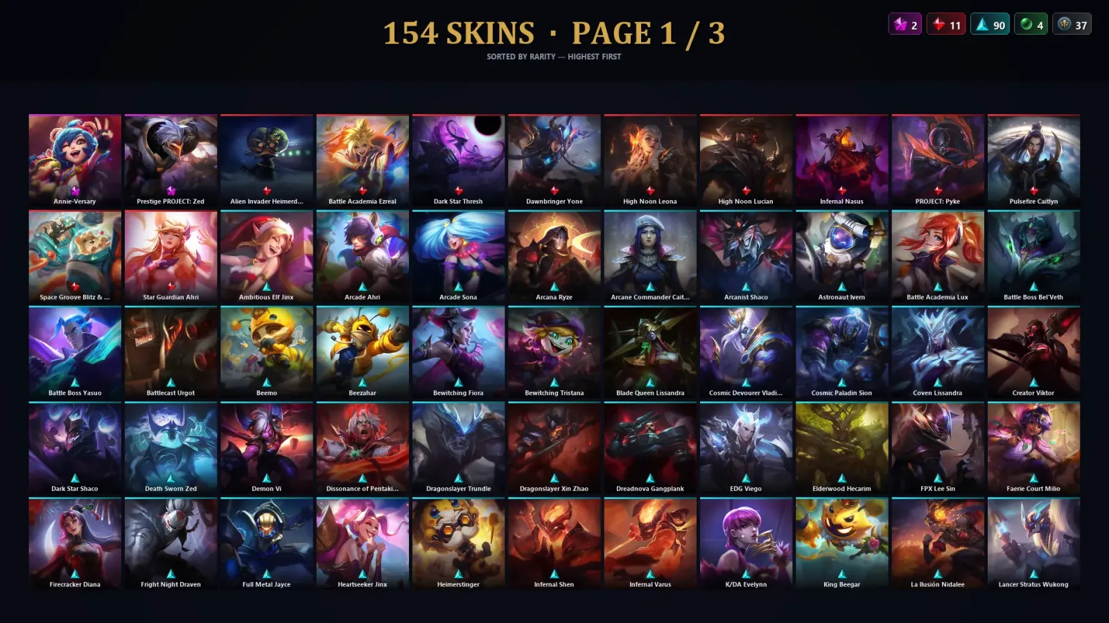 [LoL] | EUW | Level 500 | 173 Champions | 154 Skins | 159,621 BE