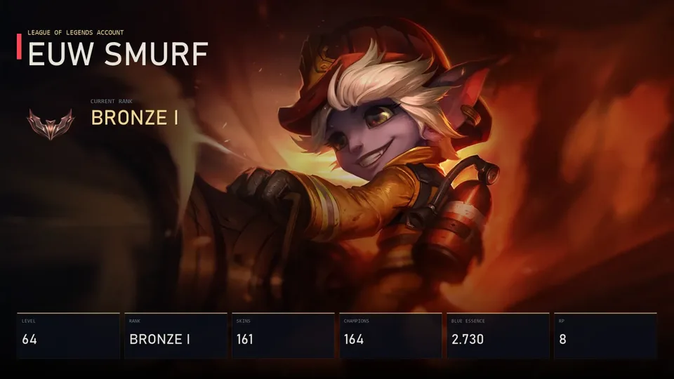 EUW | Firefighter Tristana | Red Baron Corki | Alien Invader Heimerdinger | Coven Evelynn | Broken Covenant Riven | Bronze I | 161 Skin | 164 Champion — main preview