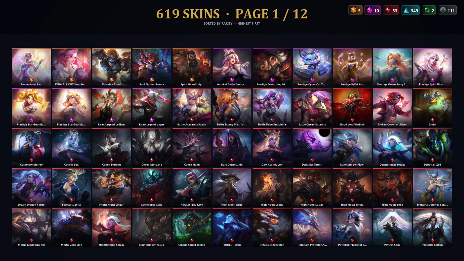 [LoL] | EUW | Level 500 | 163 Champions | 619 Skins | 21,654 BE