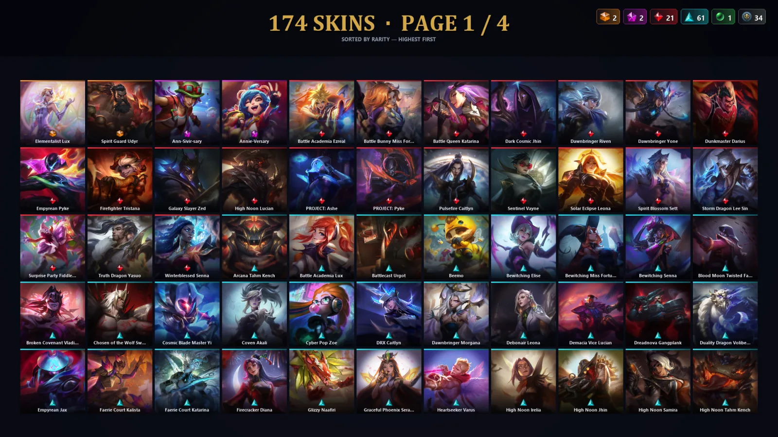 [LoL] | TR | Level 500 | Platinum II | 173 Champions | 174 Skins | 313,785 BE