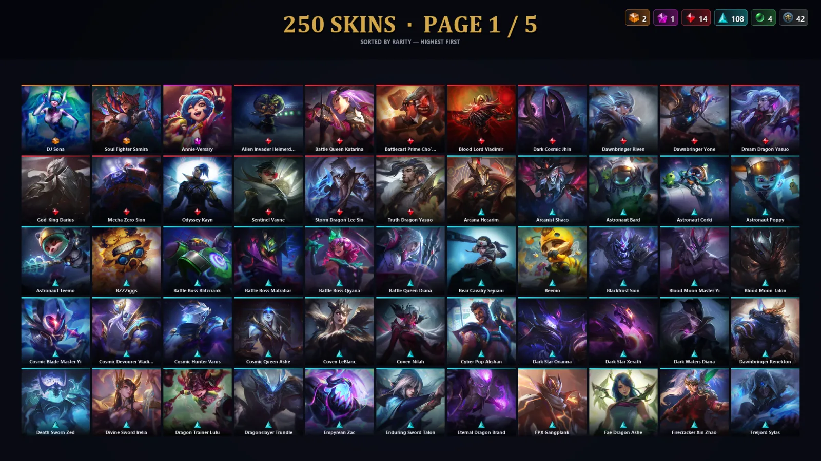 [LoL] | NA | Level 500 | 173 Champions | 250 Skins | 33,677 BE