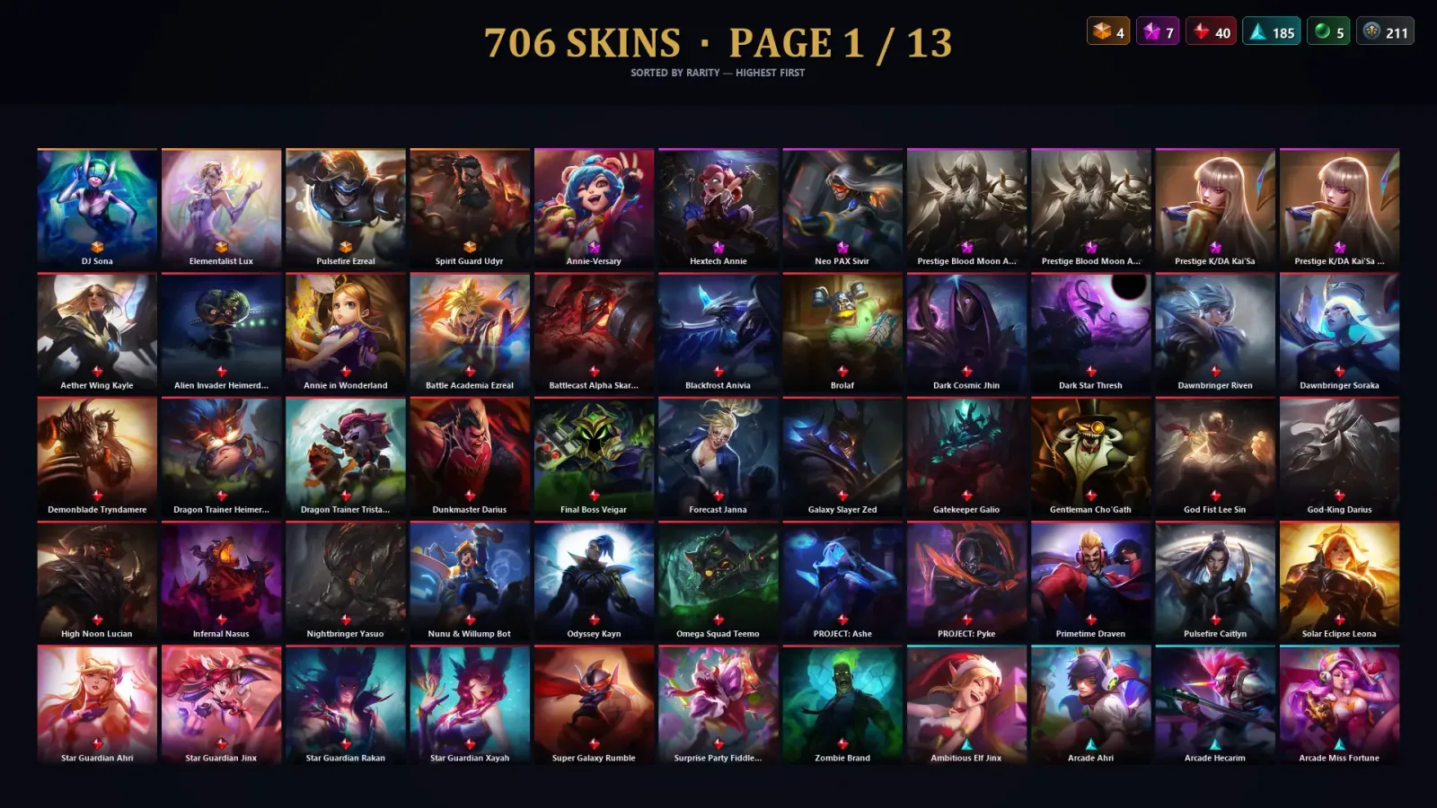 [LoL] | EUW | Level 186 | Gold II | 167 Champions | 706 Skins