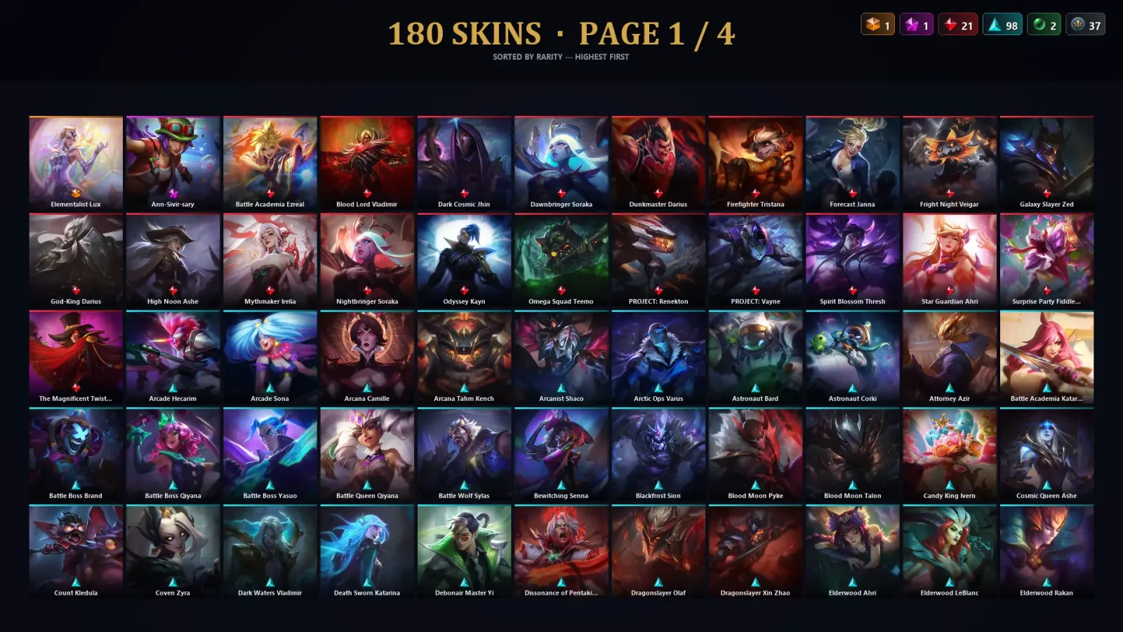 [LoL] | EUW | Level 490 | Platinum III | 172 Champions | 180 Skins | 20,661 BE — LoL account