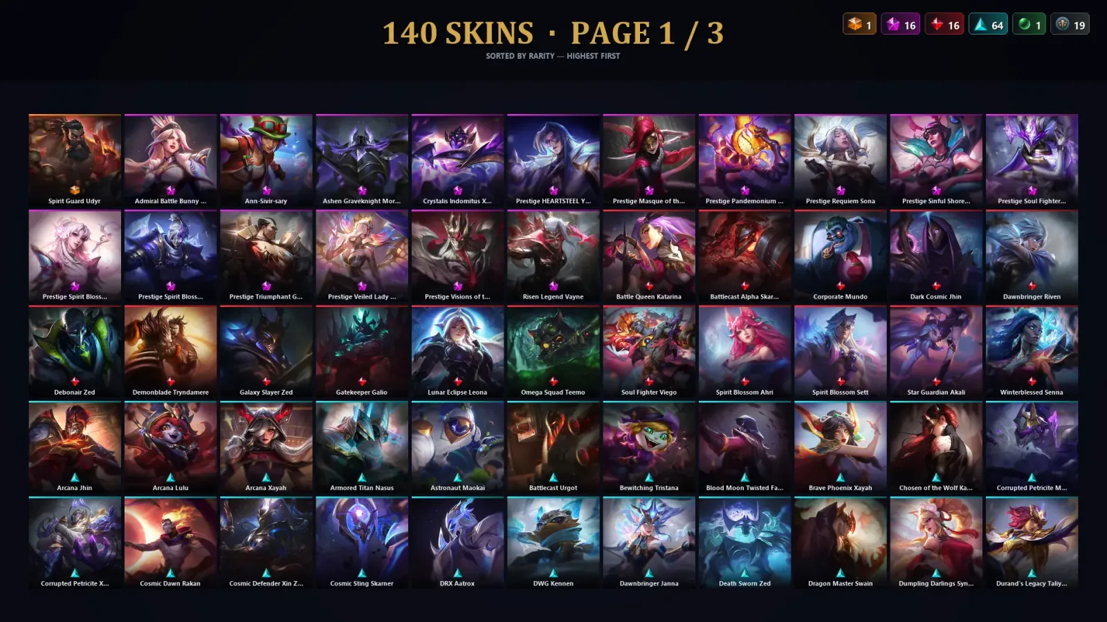 [LoL] | TR | Level 241 | Platinum II | 173 Champions | 140 Skins | 79,250 BE