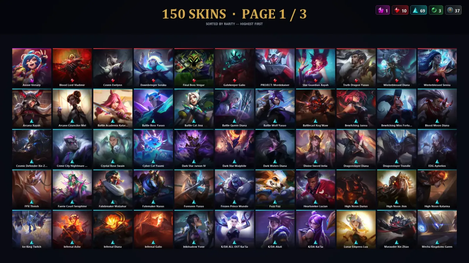 [LoL] | TR | Level 500 | Platinum III | 172 Champions | 150 Skins | 296,943 BE — LoL account