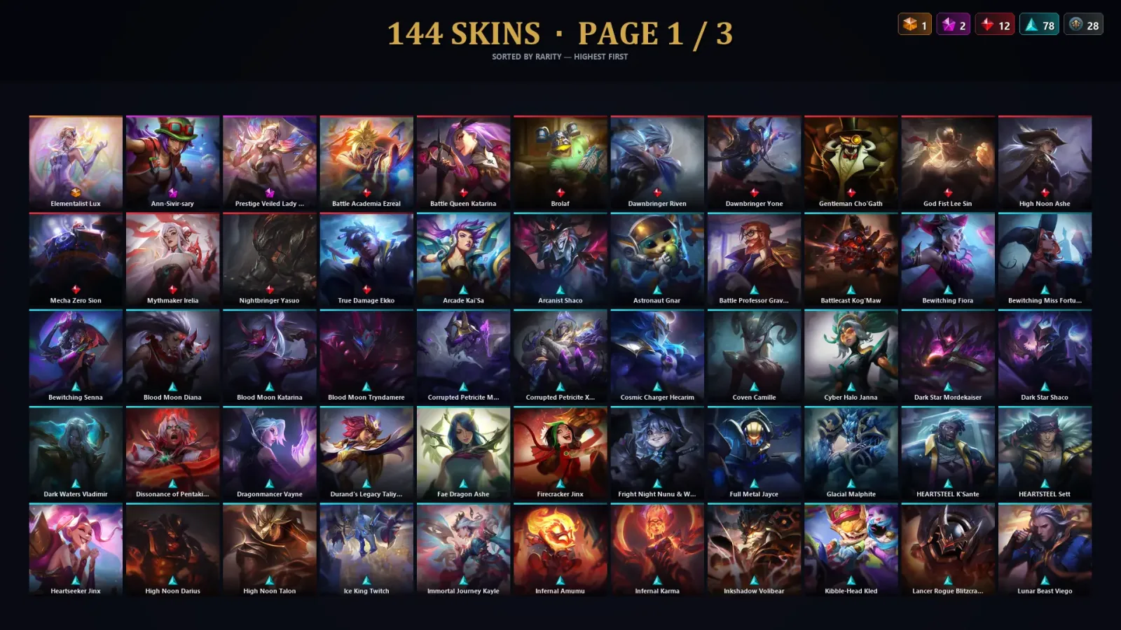 [LoL] | TR | Level 289 | Platinum I | 145 Champions | 144 Skins | 11,237 BE — LoL account