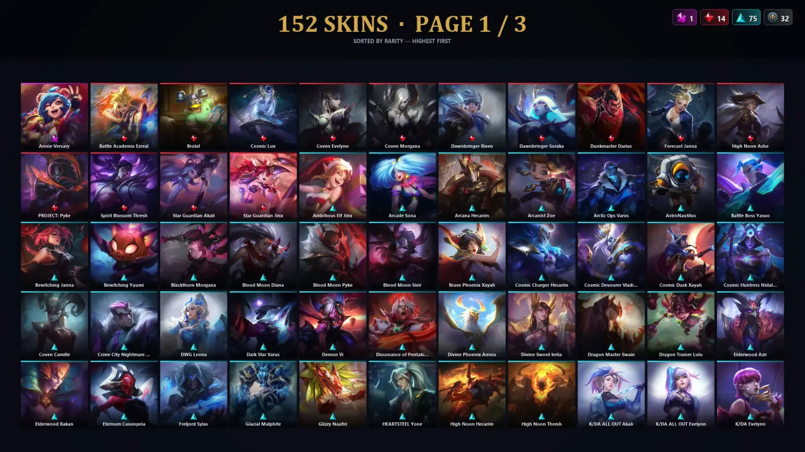 [LoL] | EUW | Level 223 | Diamond I | 153 Champions | 152 Skins | 25,983 BE