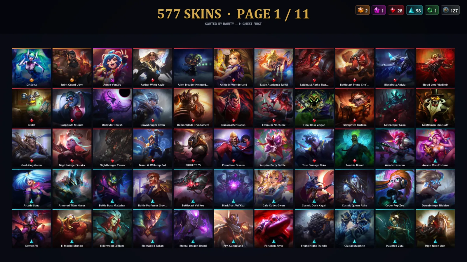 [LoL] | EUW | Level 421 | 172 Champions | 577 Skins | 148,738 BE
