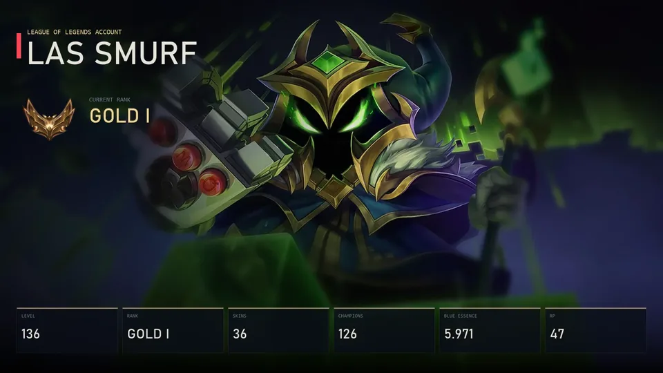 LAS | Final Boss Veigar | Heavenscale Lee Sin | Firecracker Teemo | Program LeBlanc | Blood Moon Ryze | Gold I | 36 Skin | 126 Champion — main preview