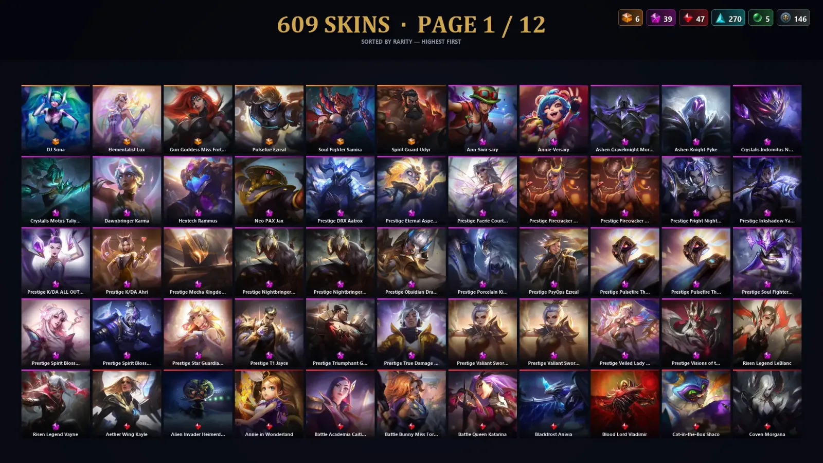 [LoL] | NA | Level 500 | 172 Champions | 609 Skins | 52,073 BE — LoL account
