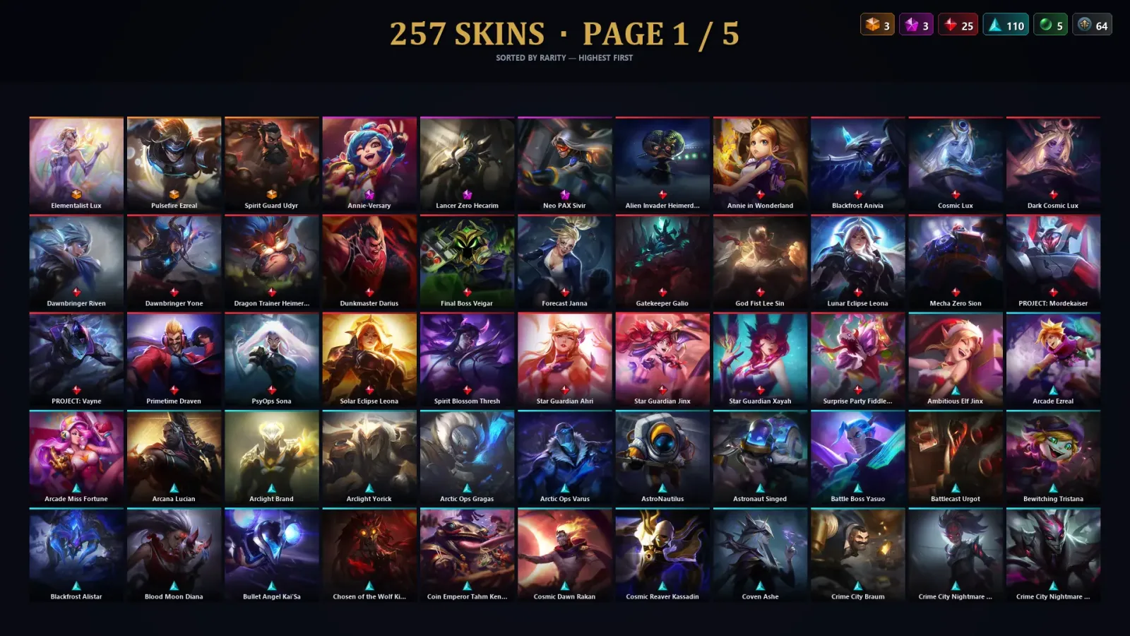 [LoL] | EUW | Level 500 | 172 Champions | 257 Skins | 158,500 BE — LoL account