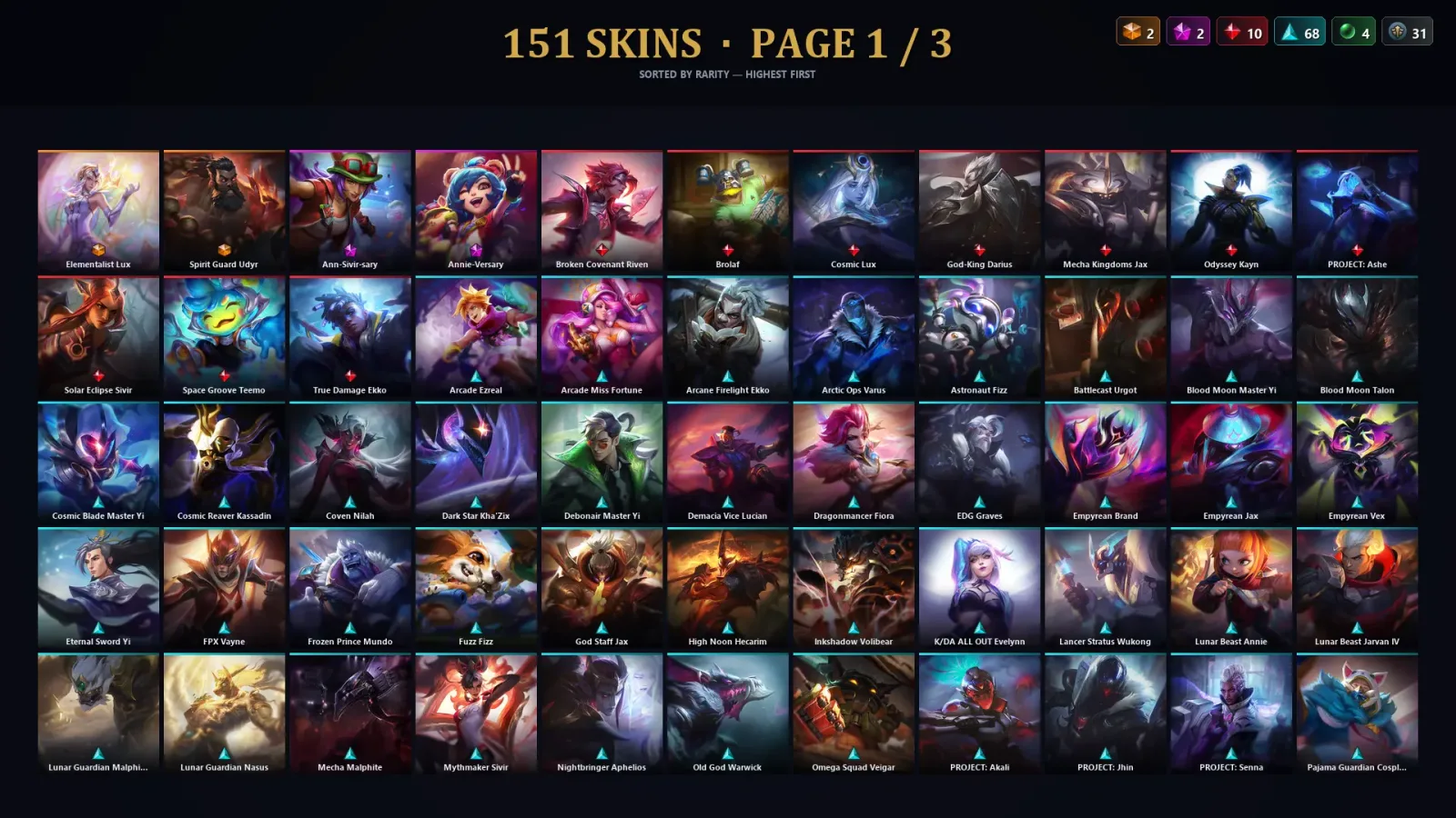 [LoL] | TR | Level 500 | Platinum III | 173 Champions | 151 Skins | 254,397 BE