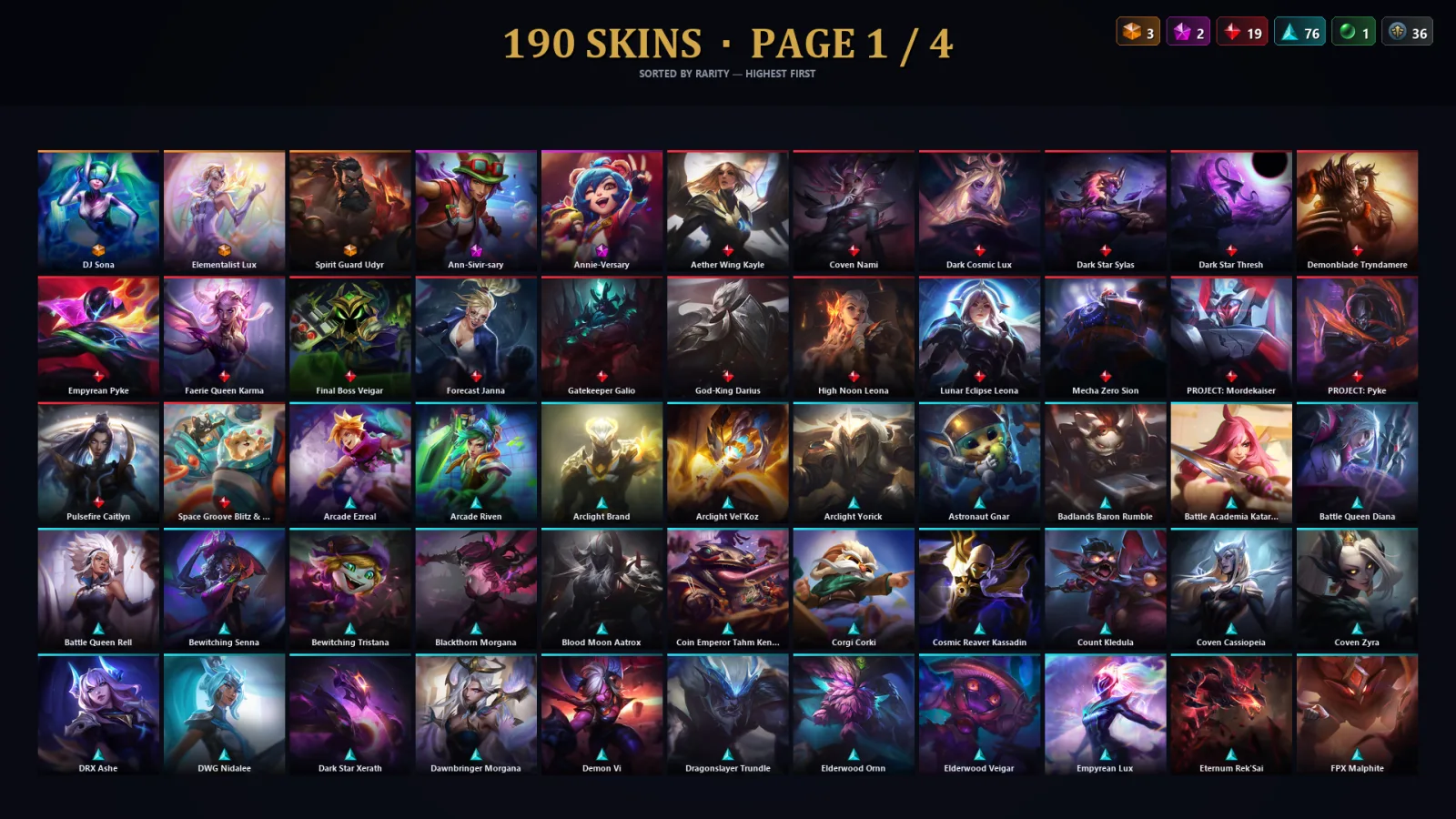 [LoL] | TR | Level 451 | Gold II | 173 Champions | 190 Skins | 125,769 BE