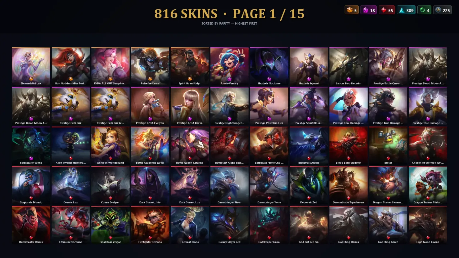 [LoL] | EUW | Level 500 | Gold III | 172 Champions | 816 Skins | 112,350 BE — LoL account