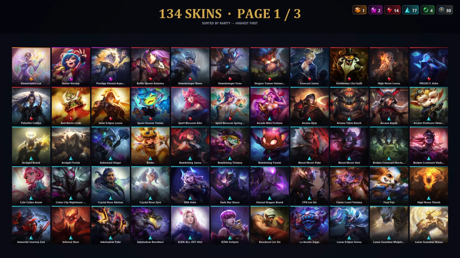 [LoL] | TR | Level 125 | Platinum I | 148 Champions | 134 Skins