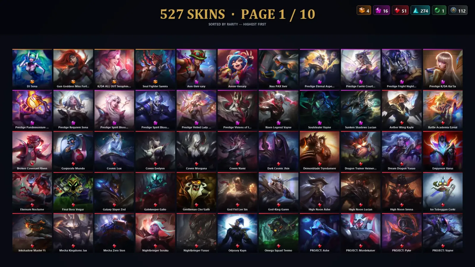 [LoL] | NA | Level 500 | 172 Champions | 527 Skins | 15,265 BE — LoL account