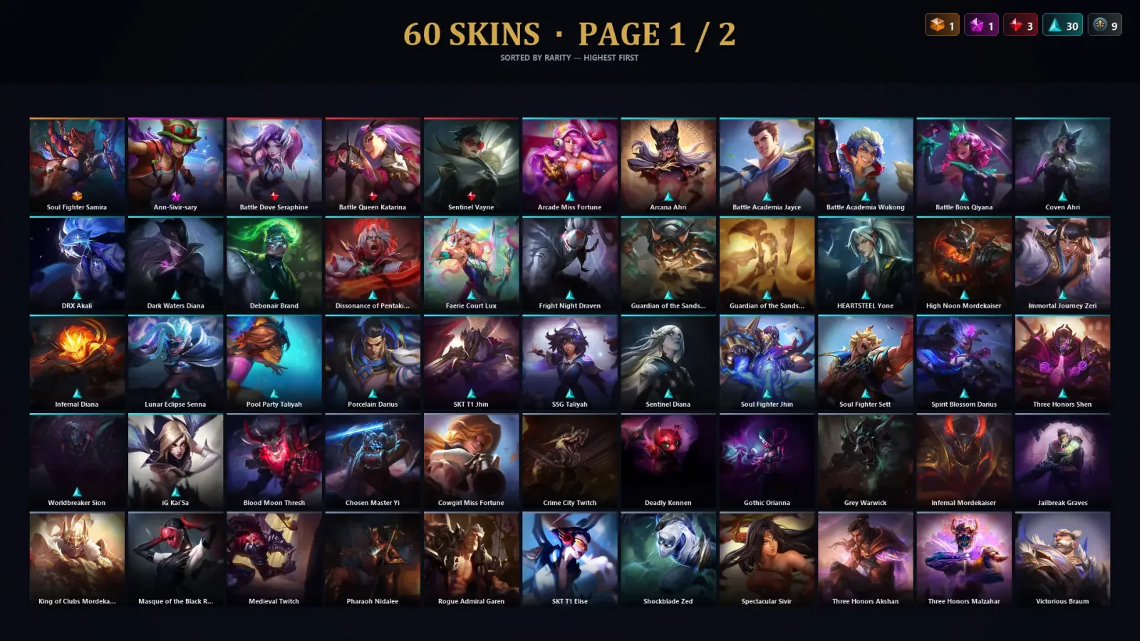[LoL] | TR | Level 30 | Emerald I | 158 Champions | 60 Skins | 72,757 BE