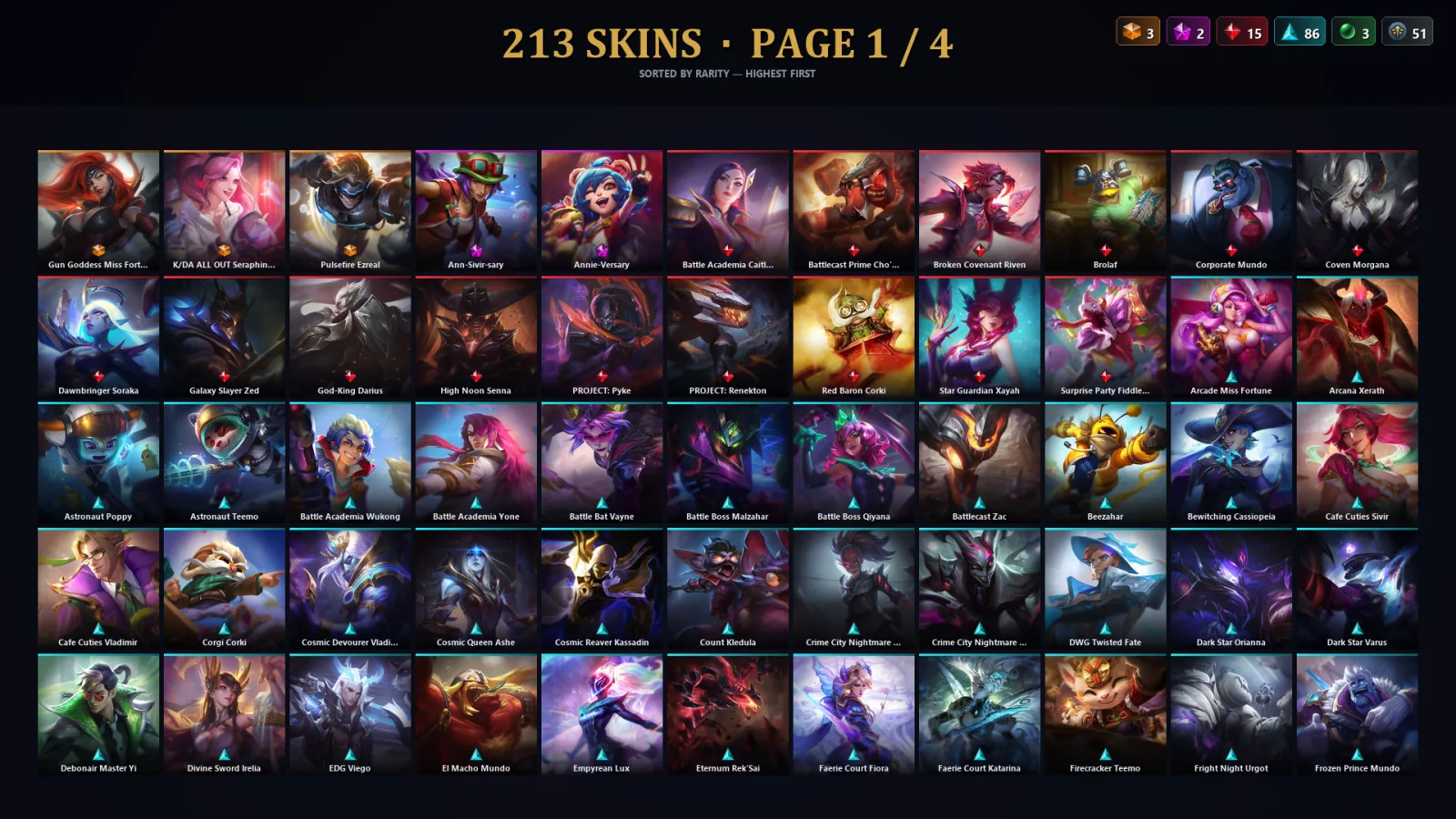 [LoL] | TR | Level 468 | Platinum II | 173 Champions | 213 Skins | 54,392 BE