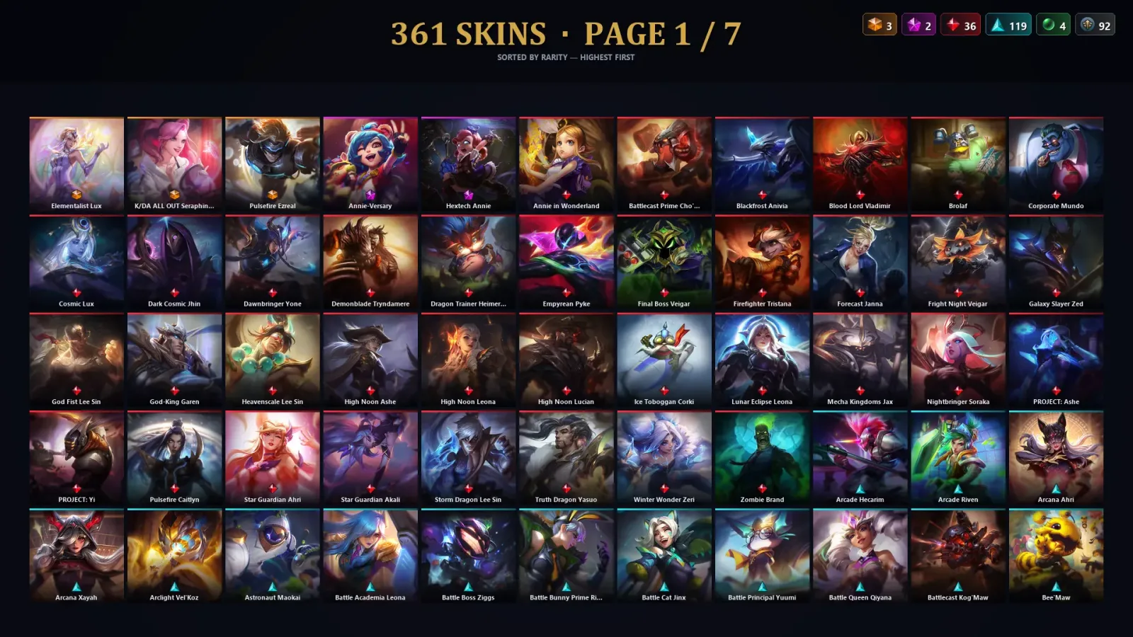 [LoL] | EUW | Level 500 | 173 Champions | 361 Skins | 163,047 BE