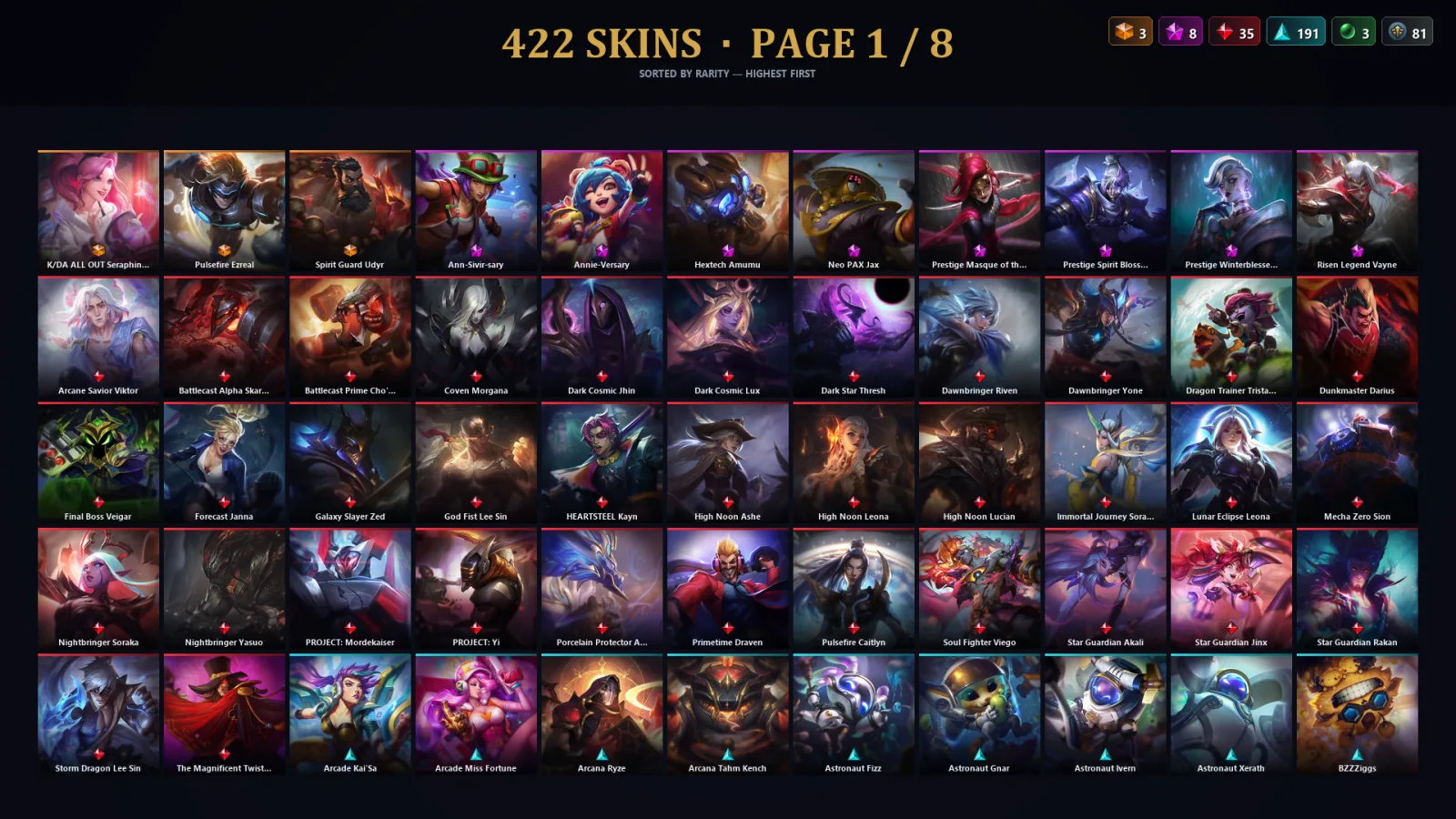 [LoL] | TR | Level 500 | Gold III | 173 Champions | 422 Skins | 42,976 BE