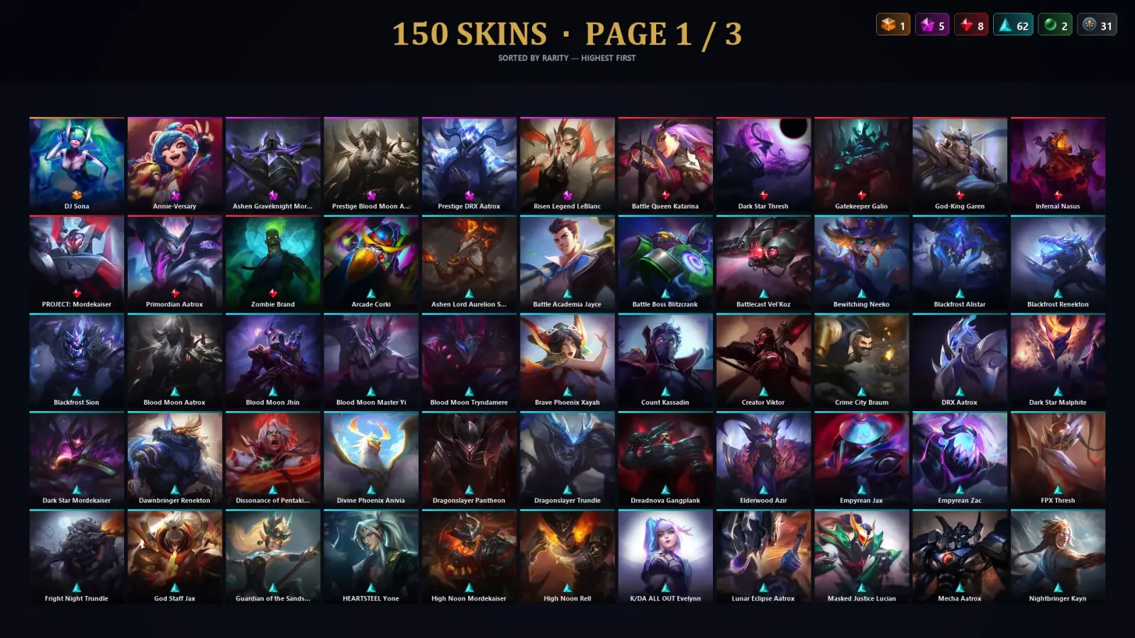[LoL] | TR | Level 404 | 152 Champions | 150 Skins | 32,125 BE — LoL account