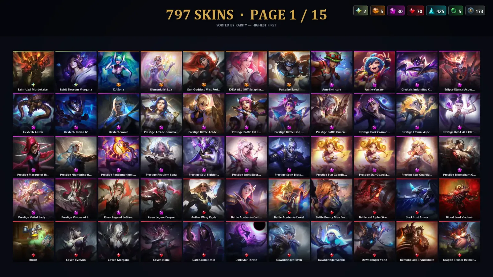 [LoL] | EUW | Level 500 | Platinum II | 172 Champions | 797 Skins | 70,448 BE — LoL account