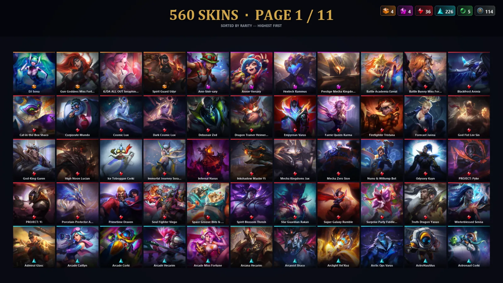 [LoL] | TR | Level 500 | Platinum I | 173 Champions | 528 Skins | 227,068 BE