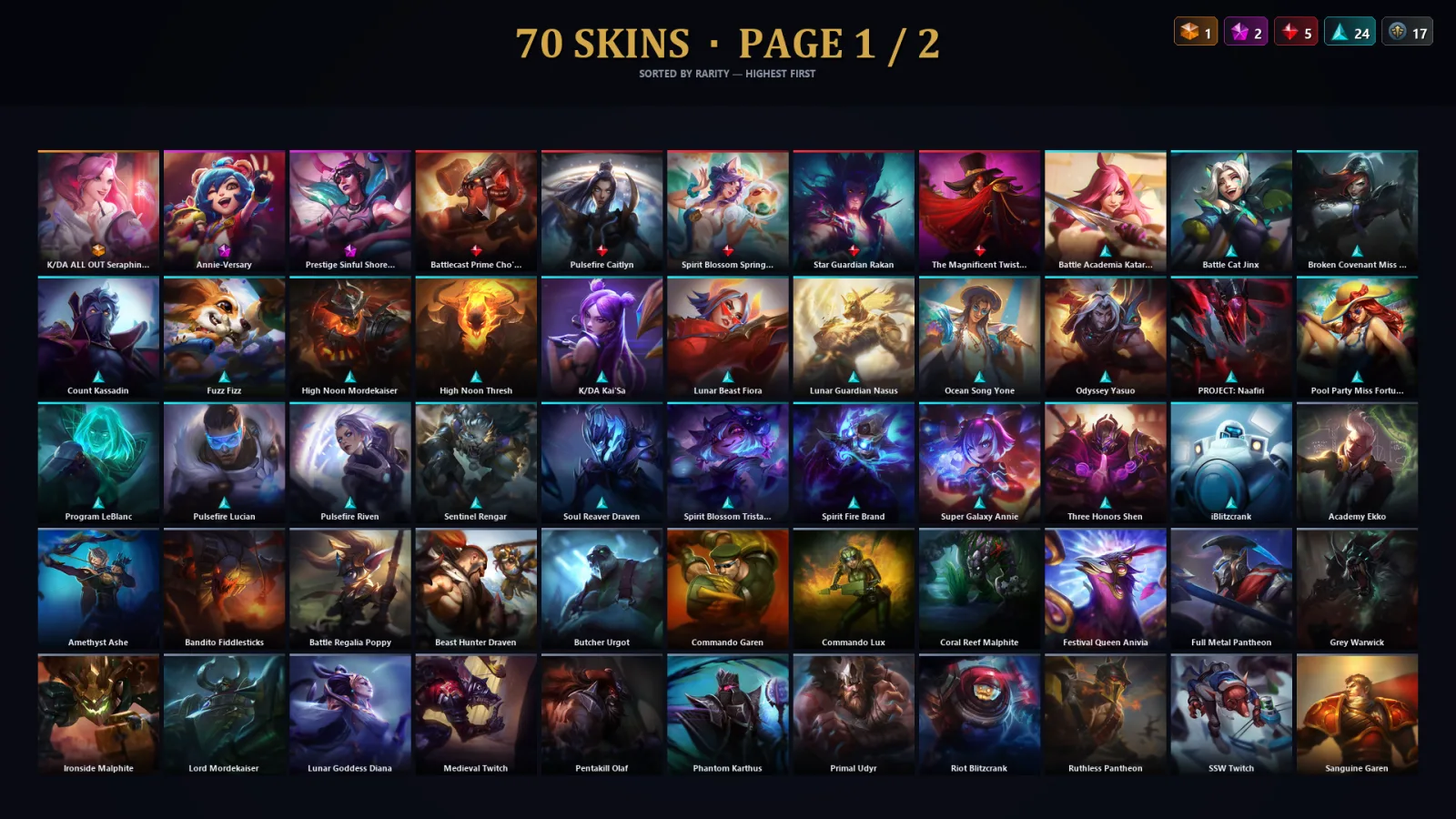 [LoL] | TR | Level 224 | Platinum II | 173 Champions | 70 Skins | 16,548 BE