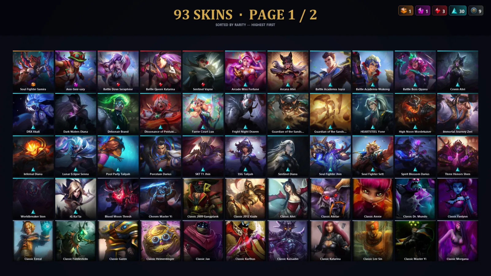 [LoL] | TR | Level 30 | Emerald III | 173 Champions | 93 Skins | 59,253 BE