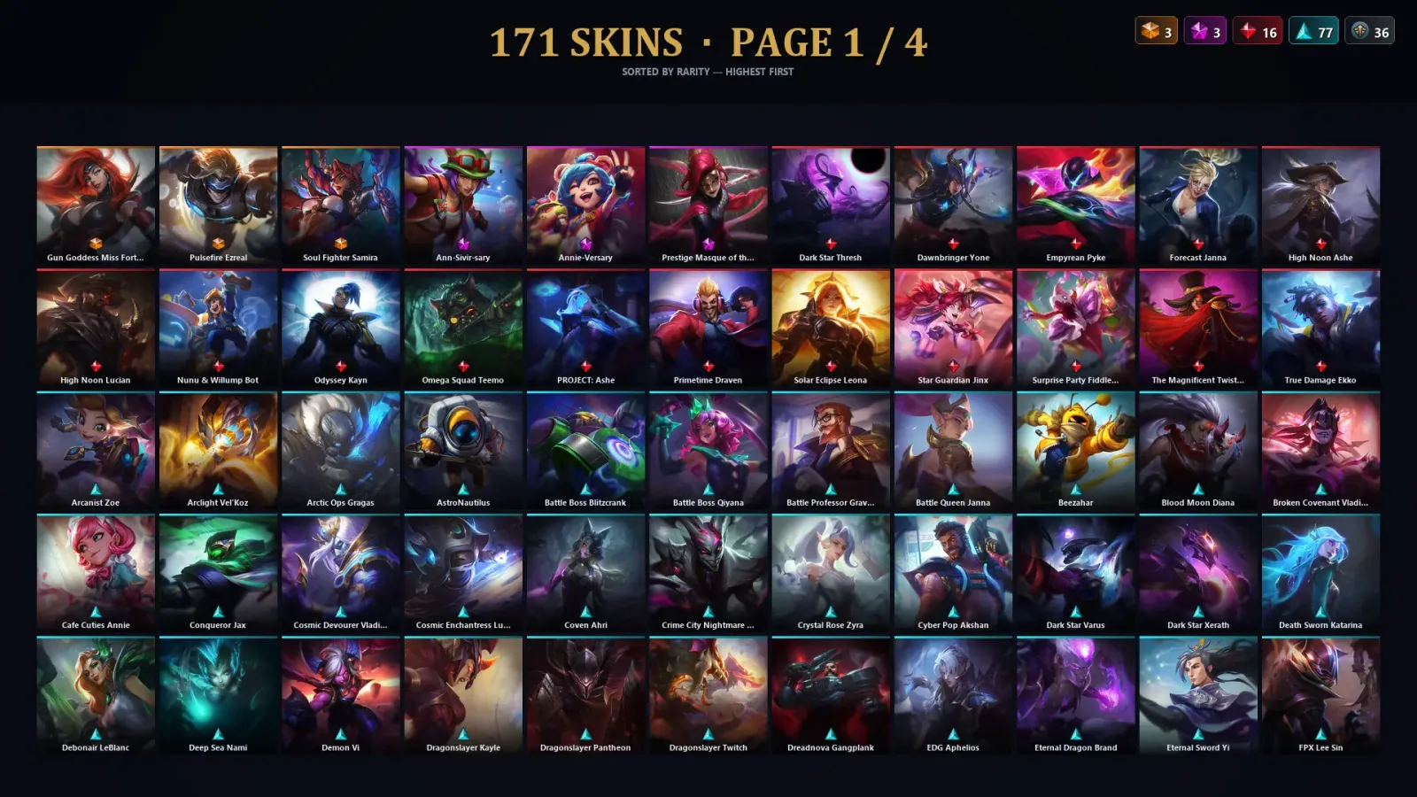 [LoL] | EUW | Level 500 | 167 Champions | 171 Skins | 22,678 BE — LoL account
